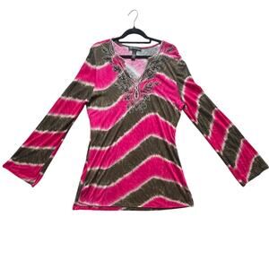 Women's L(Fits M) INC Boho Beaded Dyed Top Brown Fuchsia Embroidered V‑Neck GUC